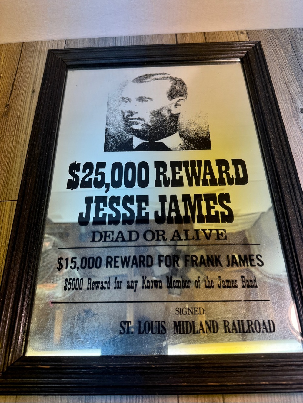 Vintage 1970’s Wanted Poster $25000 Reward For Jesse James Bar Mirror Framed Mob